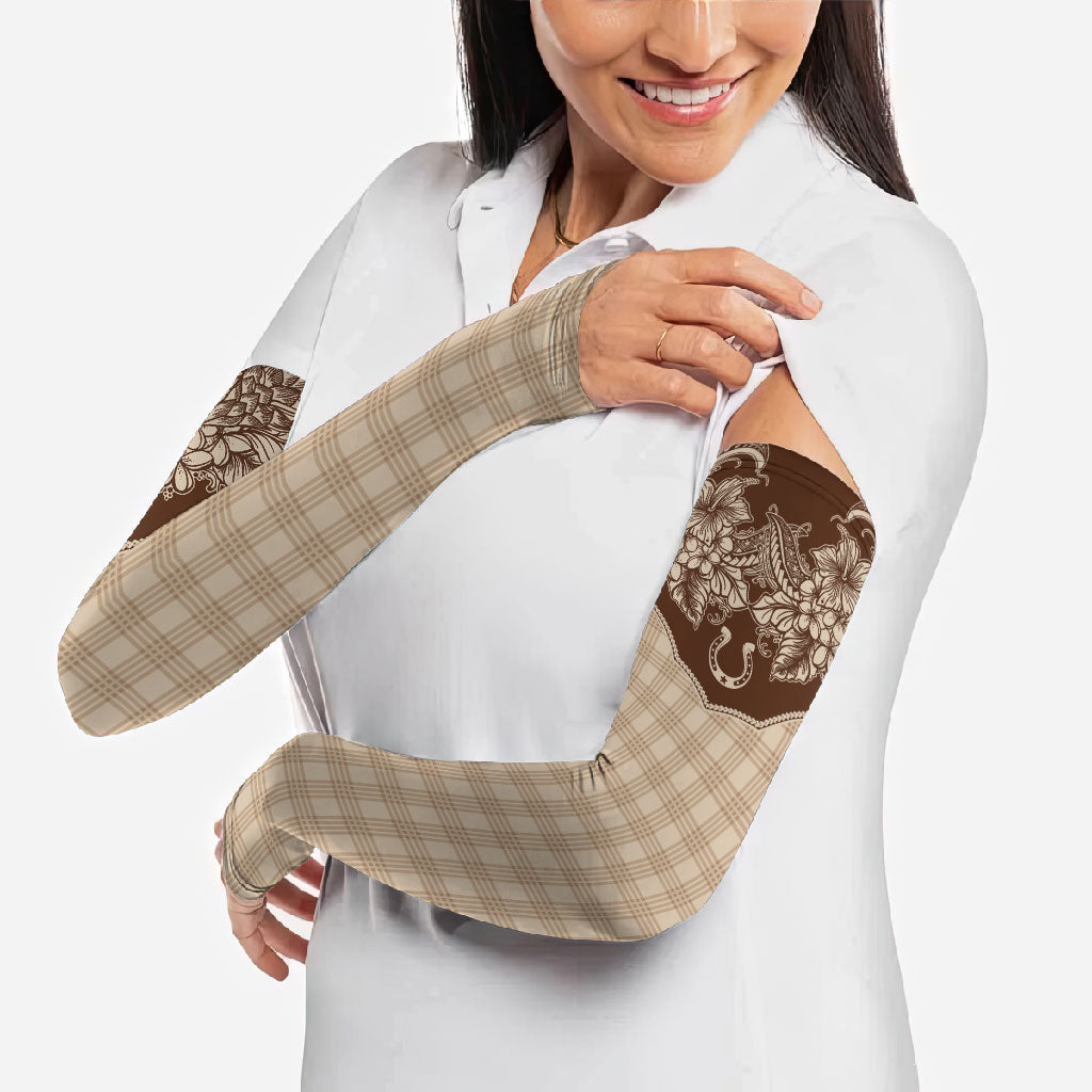 Hawai'i Paniolo Motif Leather Brown Arm Sleeves Floral Palaka Print LT7 - Polynesian Pride