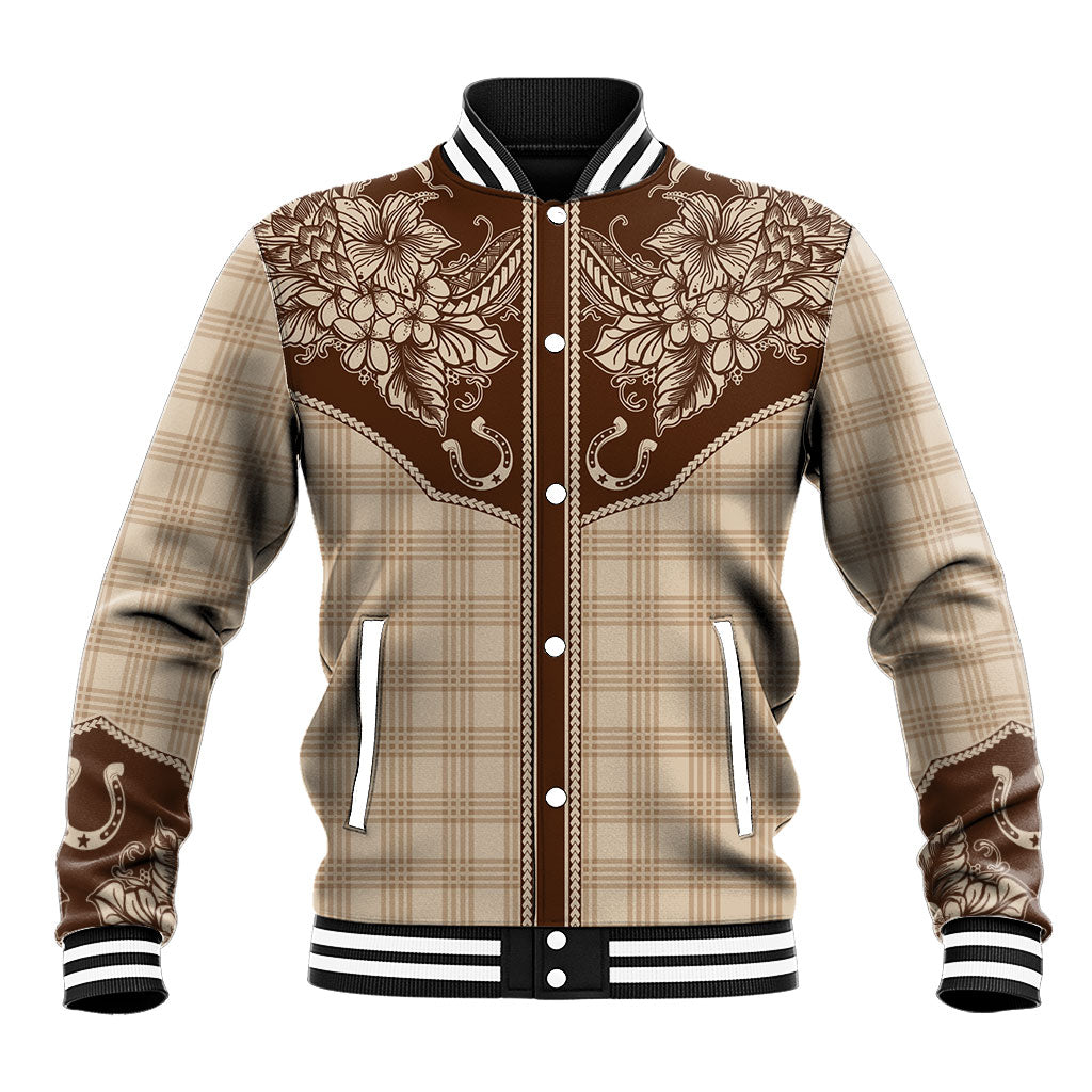 Hawai'i Paniolo Motif Leather Brown Baseball Jacket Floral Palaka Print LT7 Unisex Brown - Polynesian Pride