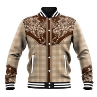 Hawai'i Paniolo Motif Leather Brown Baseball Jacket Floral Palaka Print LT7 Unisex Brown - Polynesian Pride
