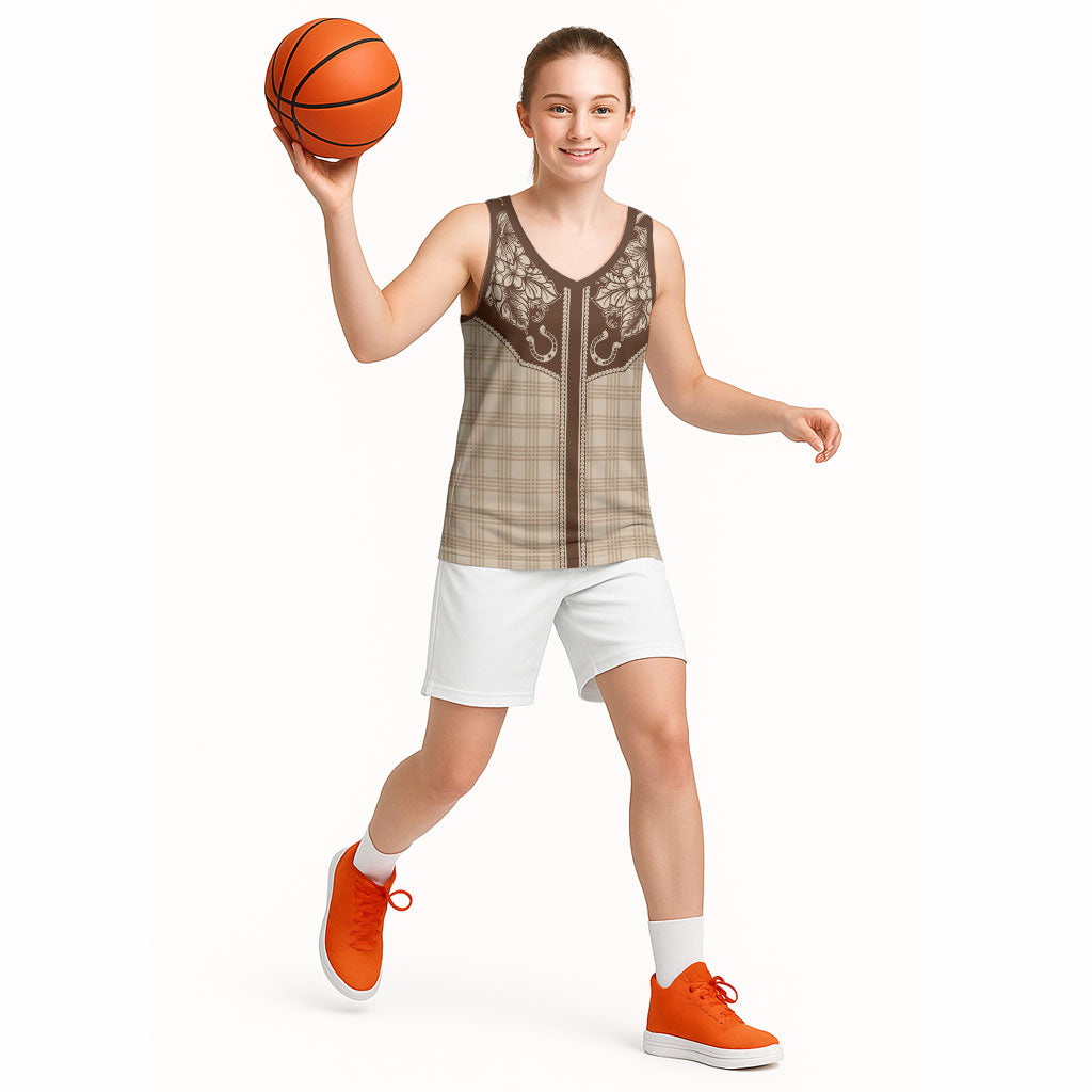 Hawai'i Paniolo Motif Leather Brown Basketball Jersey Floral Palaka Print LT7 - Polynesian Pride