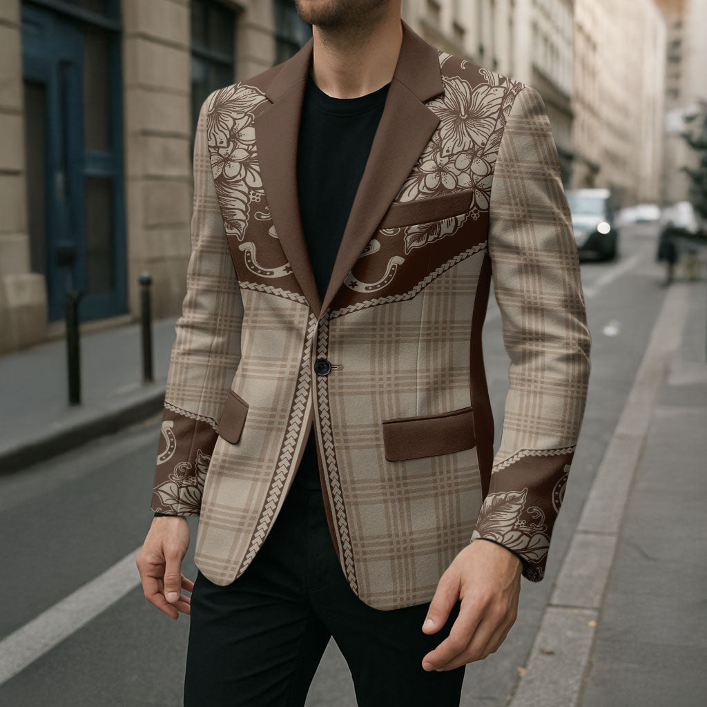 Hawai'i Paniolo Motif Leather Brown Blazer Floral Palaka Print LT7 - Polynesian Pride