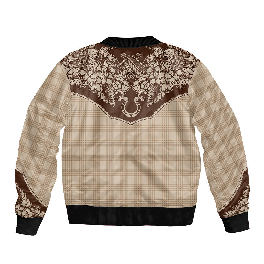 Hawai'i Paniolo Motif Leather Brown Bomber Jacket Floral Palaka Print LT7 - Polynesian Pride