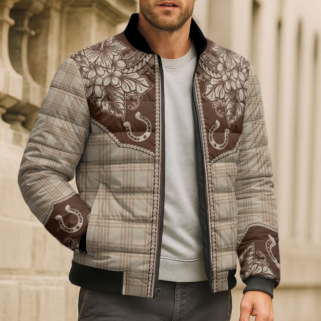 Hawai'i Paniolo Motif Leather Brown Bomber Puffer Jacket Floral Palaka Print LT7 - Polynesian Pride