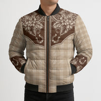 Hawai'i Paniolo Motif Leather Brown Bomber Puffer Jacket Floral Palaka Print LT7 - Polynesian Pride