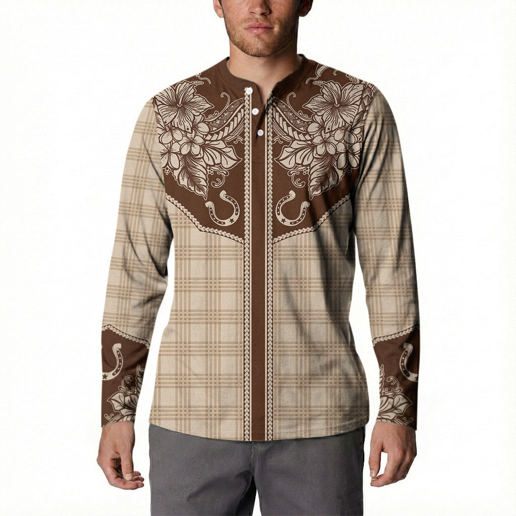 Hawai'i Paniolo Motif Leather Brown Button Sweatshirt Floral Palaka Print LT7 - Polynesian Pride