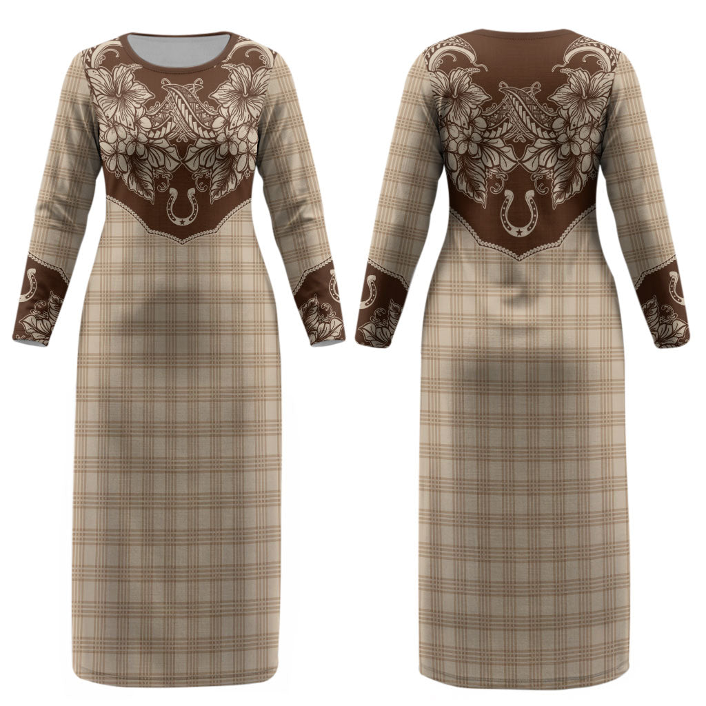 Hawai'i Paniolo Motif Leather Brown Couples Matching Long Sleeve Bodycon Dress and Hawaiian Shirt Floral Palaka Print LT7 - Polynesian Pride