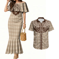 Hawai'i Paniolo Motif Leather Brown Couples Matching Mermaid Dress and Hawaiian Shirt Floral Palaka Print LT7 Brown - Polynesian Pride