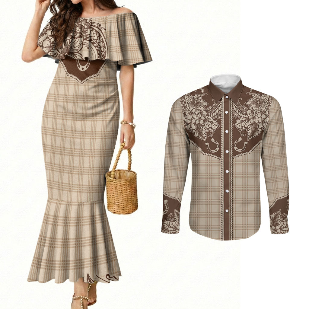Hawai'i Paniolo Motif Leather Brown Couples Matching Mermaid Dress and Long Sleeve Button Shirt Floral Palaka Print LT7 Brown - Polynesian Pride