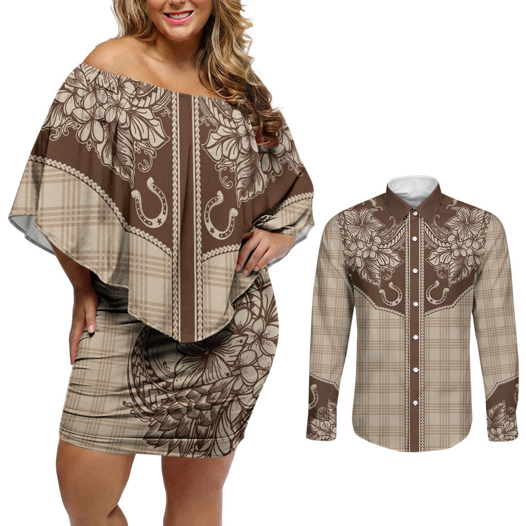 Hawai'i Paniolo Motif Leather Brown Couples Matching Off Shoulder Short Dress and Long Sleeve Button Shirt Floral Palaka Print LT7 Brown - Polynesian Pride