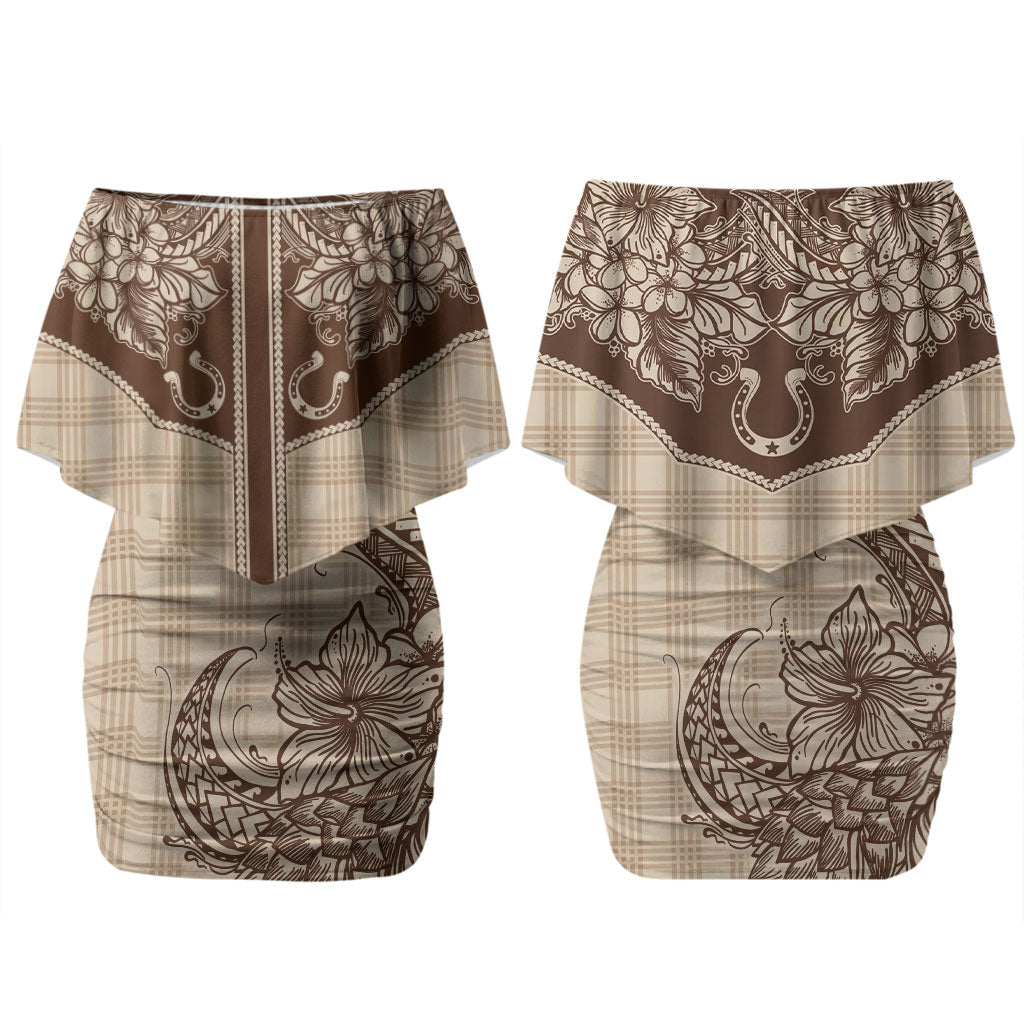 Hawai'i Paniolo Motif Leather Brown Couples Matching Off Shoulder Short Dress and Long Sleeve Button Shirt Floral Palaka Print LT7 - Polynesian Pride