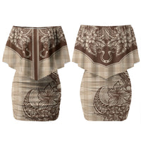 Hawai'i Paniolo Motif Leather Brown Couples Matching Off Shoulder Short Dress and Long Sleeve Button Shirt Floral Palaka Print LT7 - Polynesian Pride