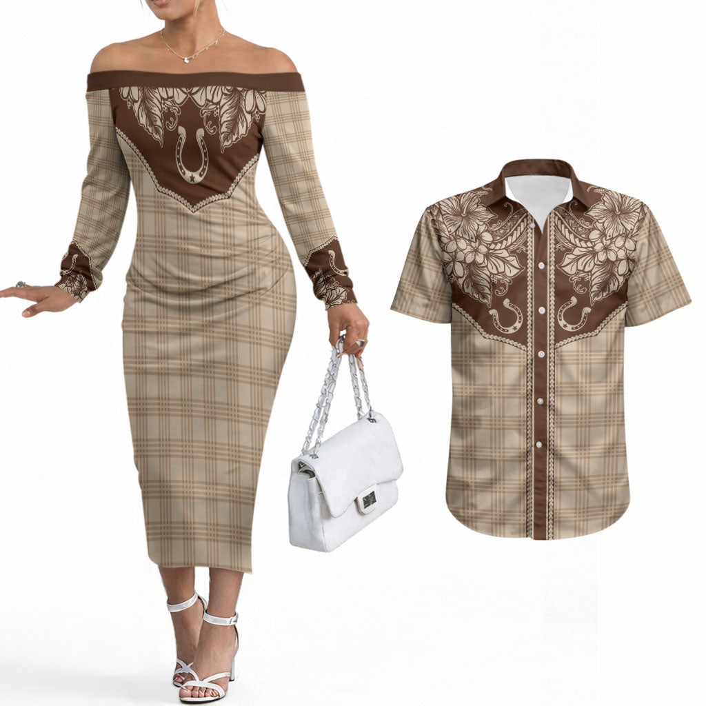 Hawai'i Paniolo Motif Leather Brown Couples Matching Off The Shoulder Long Sleeve Dress and Hawaiian Shirt Floral Palaka Print LT7 Brown - Polynesian Pride
