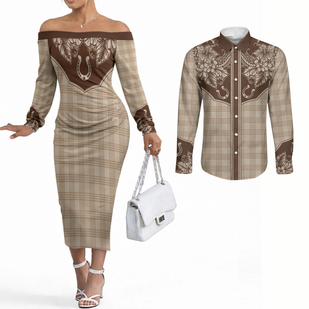 Hawai'i Paniolo Motif Leather Brown Couples Matching Off The Shoulder Long Sleeve Dress and Long Sleeve Button Shirt Floral Palaka Print LT7 Brown - Polynesian Pride