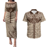 Hawai'i Paniolo Motif Leather Brown Couples Matching Puletasi and Hawaiian Shirt Floral Palaka Print LT7 Brown - Polynesian Pride