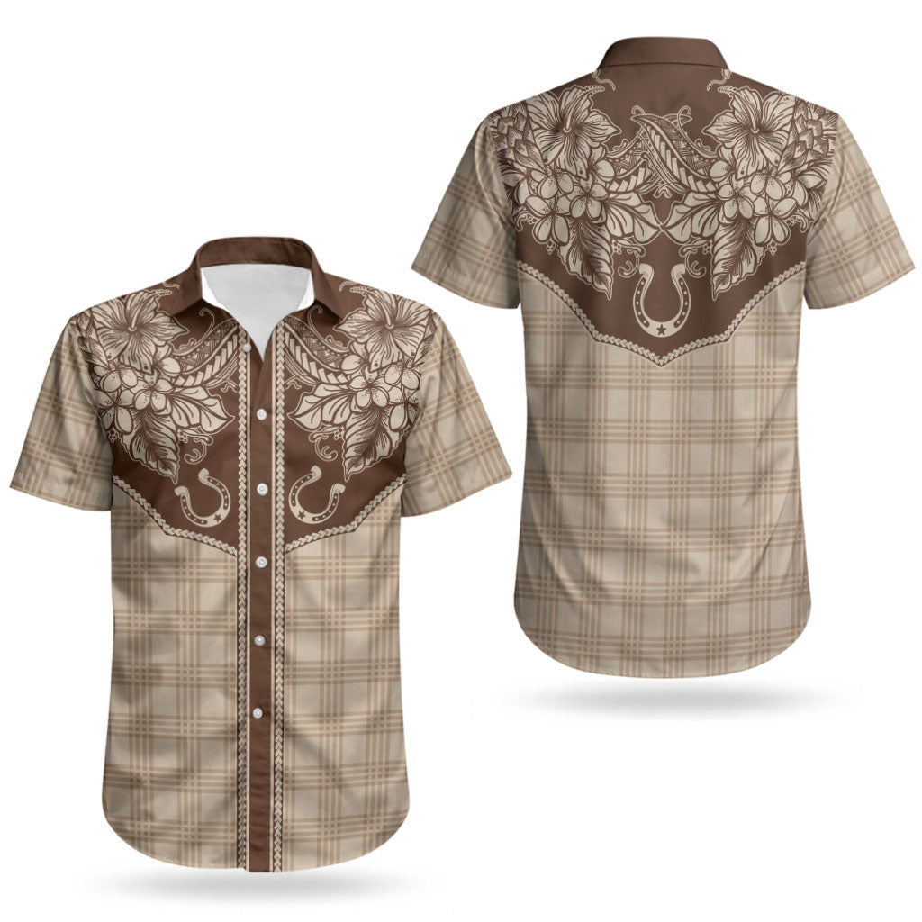 Hawai'i Paniolo Motif Leather Brown Couples Matching Puletasi and Hawaiian Shirt Floral Palaka Print LT7 - Polynesian Pride