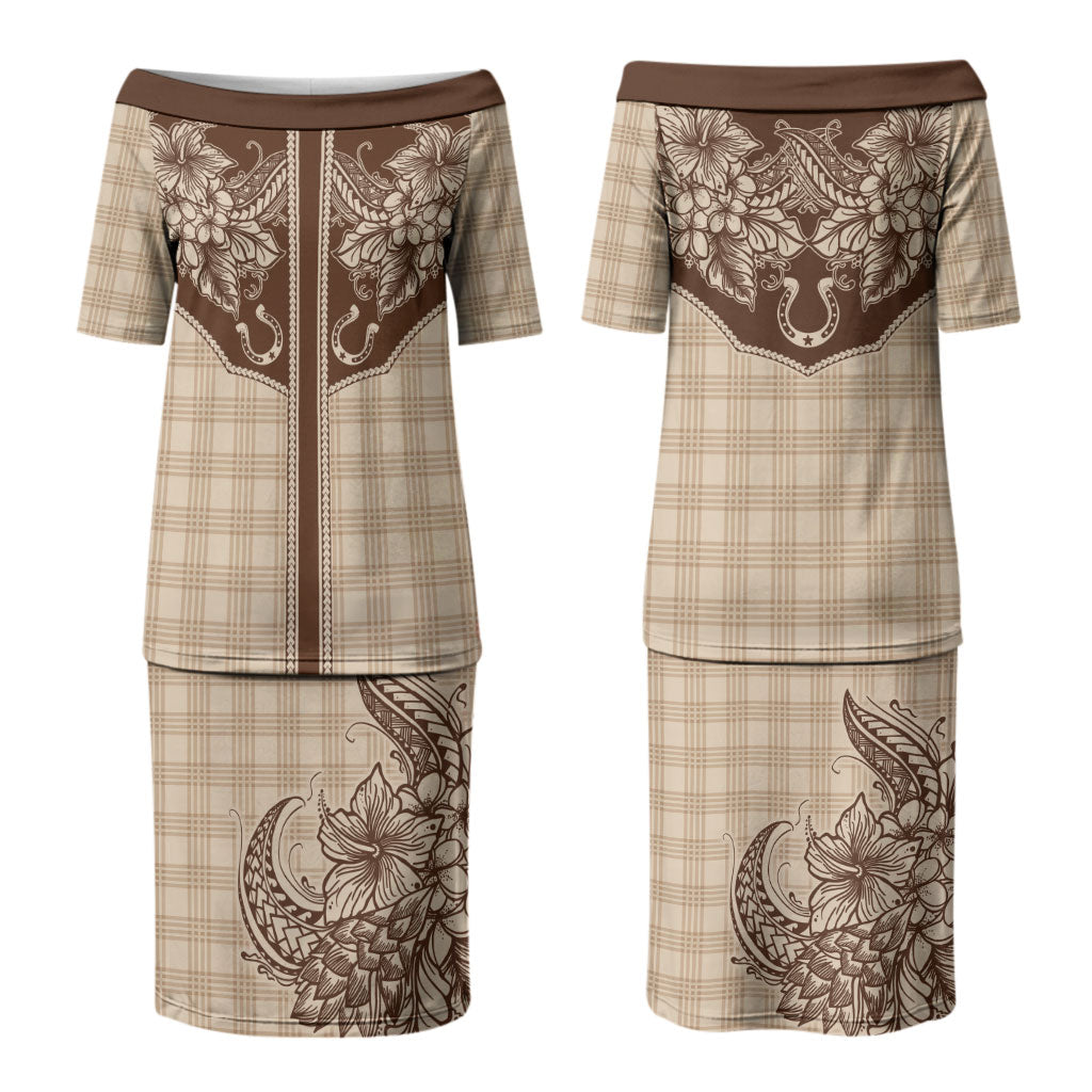 Hawai'i Paniolo Motif Leather Brown Couples Matching Puletasi and Hawaiian Shirt Floral Palaka Print LT7 - Polynesian Pride