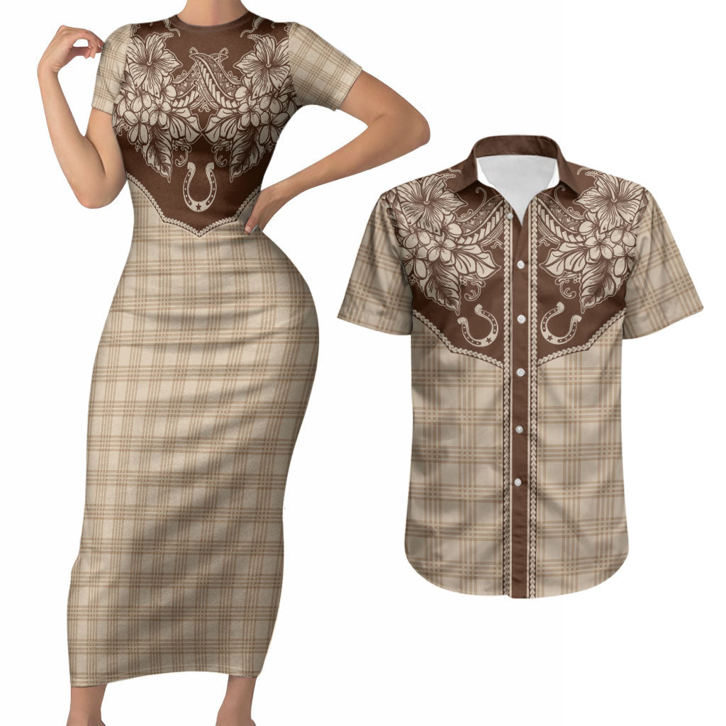Hawai'i Paniolo Motif Leather Brown Couples Matching Short Sleeve Bodycon Dress and Hawaiian Shirt Floral Palaka Print LT7 Brown - Polynesian Pride