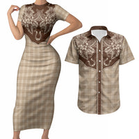 Hawai'i Paniolo Motif Leather Brown Couples Matching Short Sleeve Bodycon Dress and Hawaiian Shirt Floral Palaka Print LT7 Brown - Polynesian Pride