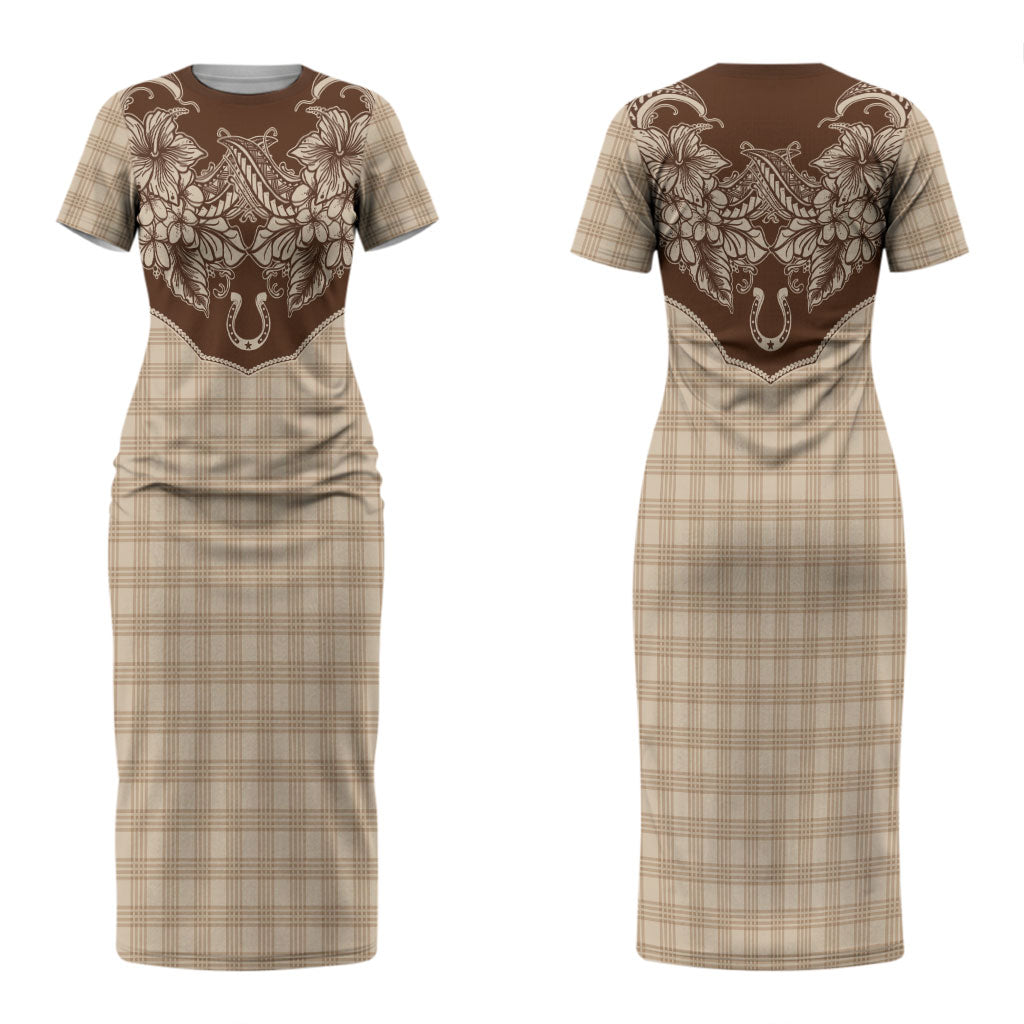 Hawai'i Paniolo Motif Leather Brown Couples Matching Short Sleeve Bodycon Dress and Hawaiian Shirt Floral Palaka Print LT7 - Polynesian Pride
