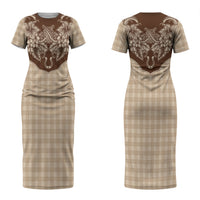 Hawai'i Paniolo Motif Leather Brown Couples Matching Short Sleeve Bodycon Dress and Hawaiian Shirt Floral Palaka Print LT7 - Polynesian Pride