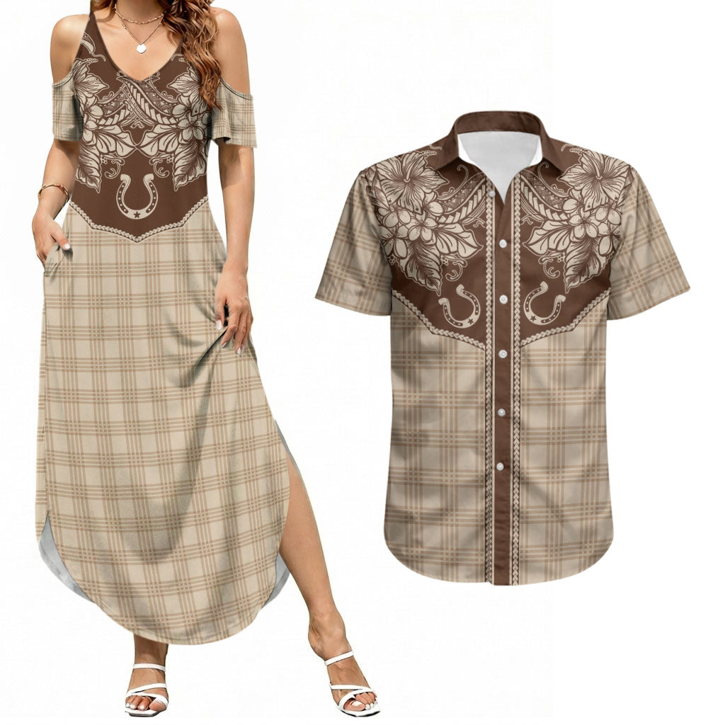 Hawai'i Paniolo Motif Leather Brown Couples Matching Summer Maxi Dress and Hawaiian Shirt Floral Palaka Print LT7 Brown - Polynesian Pride
