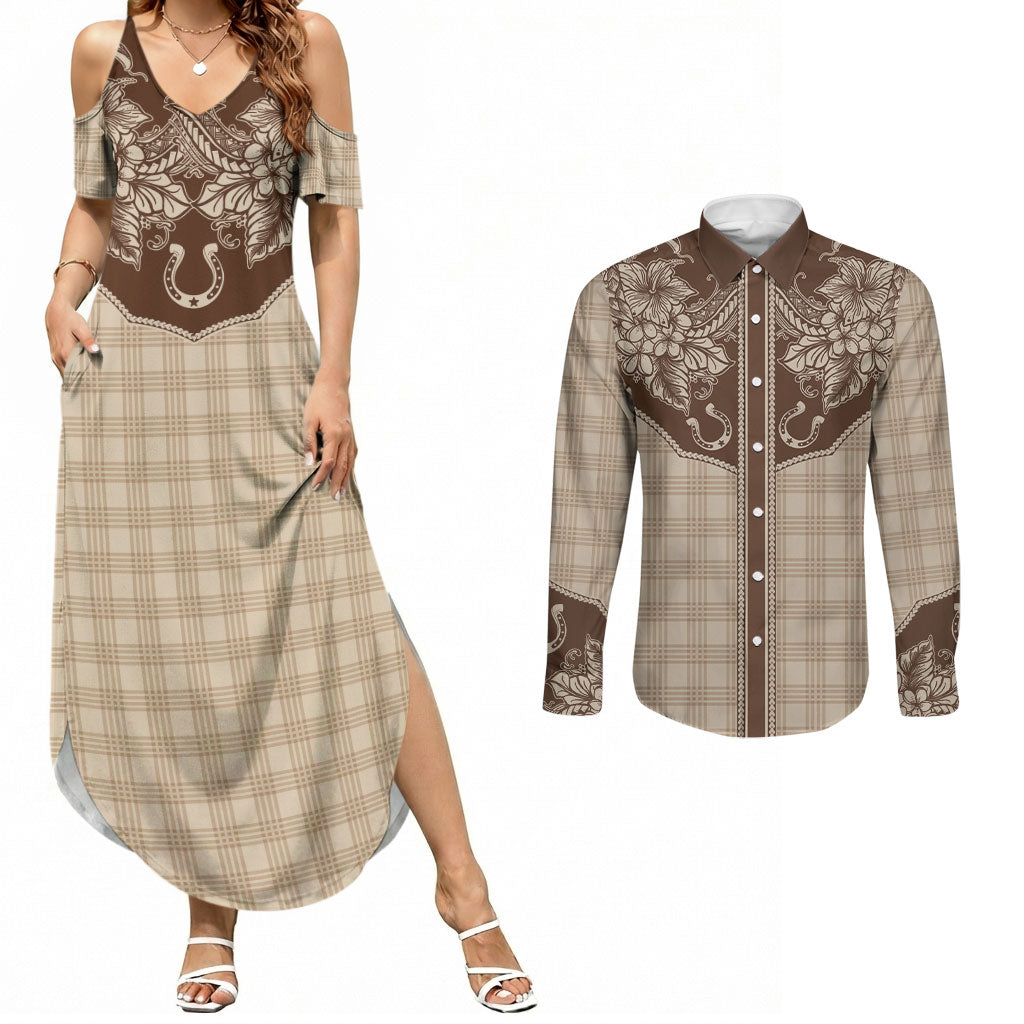 Hawai'i Paniolo Motif Leather Brown Couples Matching Summer Maxi Dress and Long Sleeve Button Shirt Floral Palaka Print LT7 Brown - Polynesian Pride