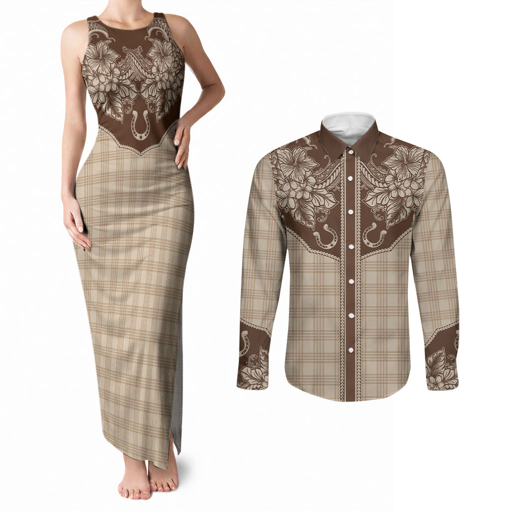 Hawai'i Paniolo Motif Leather Brown Couples Matching Tank Maxi Dress and Long Sleeve Button Shirt Floral Palaka Print LT7 Brown - Polynesian Pride