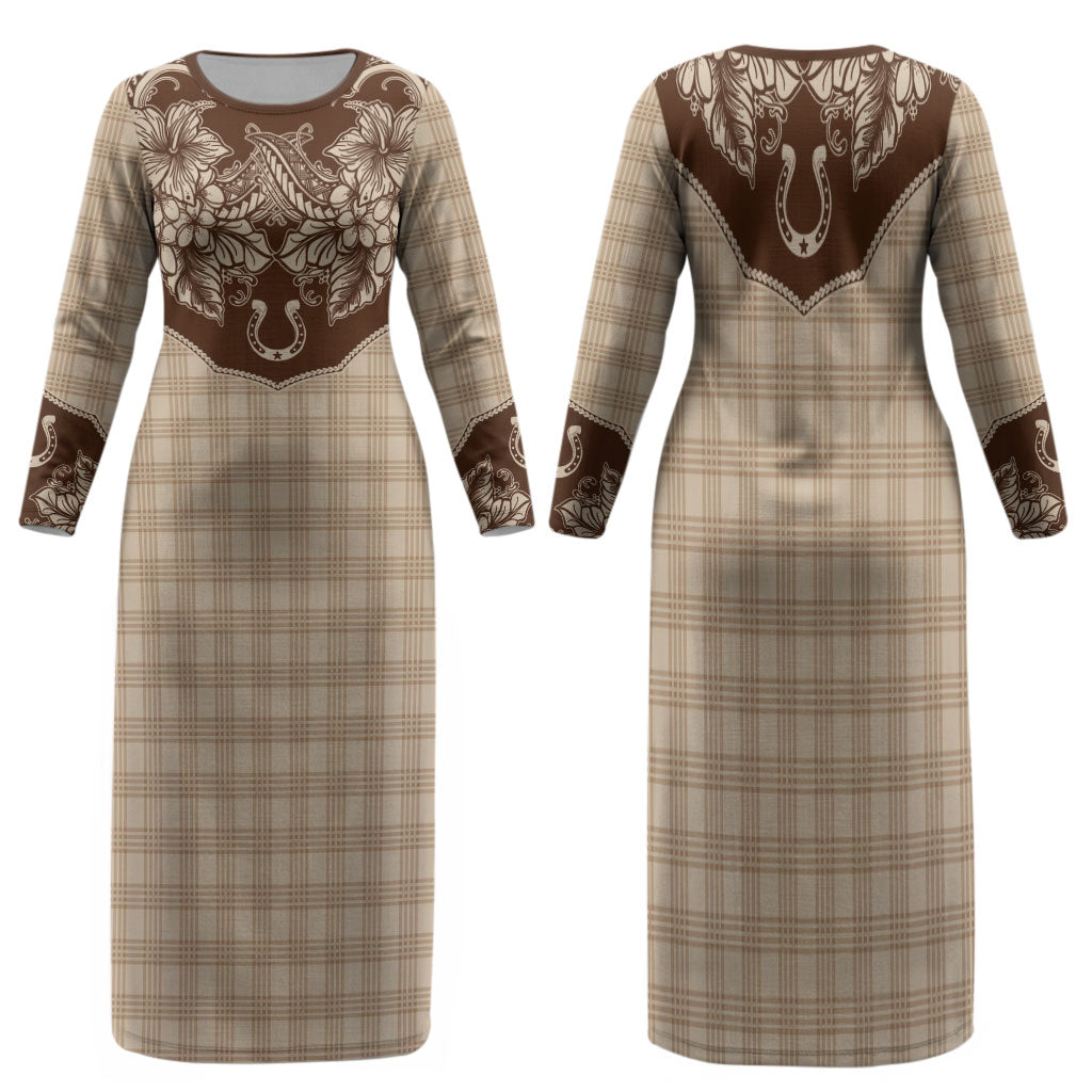 Hawai'i Paniolo Motif Leather Brown Family Matching Long Sleeve Bodycon Dress and Hawaiian Shirt Floral Palaka Print LT7 Mom's Dress Brown - Polynesian Pride