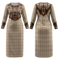 Hawai'i Paniolo Motif Leather Brown Family Matching Long Sleeve Bodycon Dress and Hawaiian Shirt Floral Palaka Print LT7 Mom's Dress Brown - Polynesian Pride