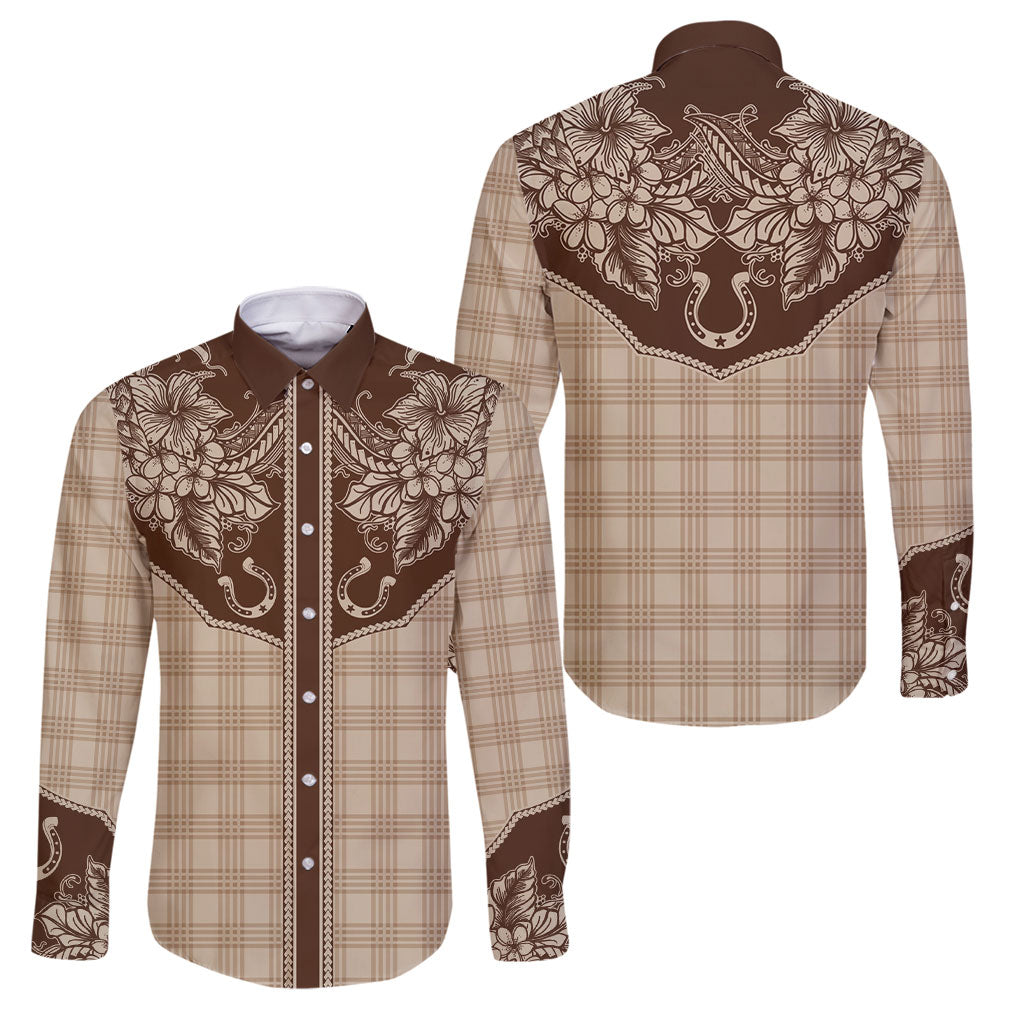 Hawai'i Paniolo Motif Leather Brown Family Matching Long Sleeve Bodycon Dress and Hawaiian Shirt Floral Palaka Print LT7 Dad's Shirt - Long Sleeve Brown - Polynesian Pride