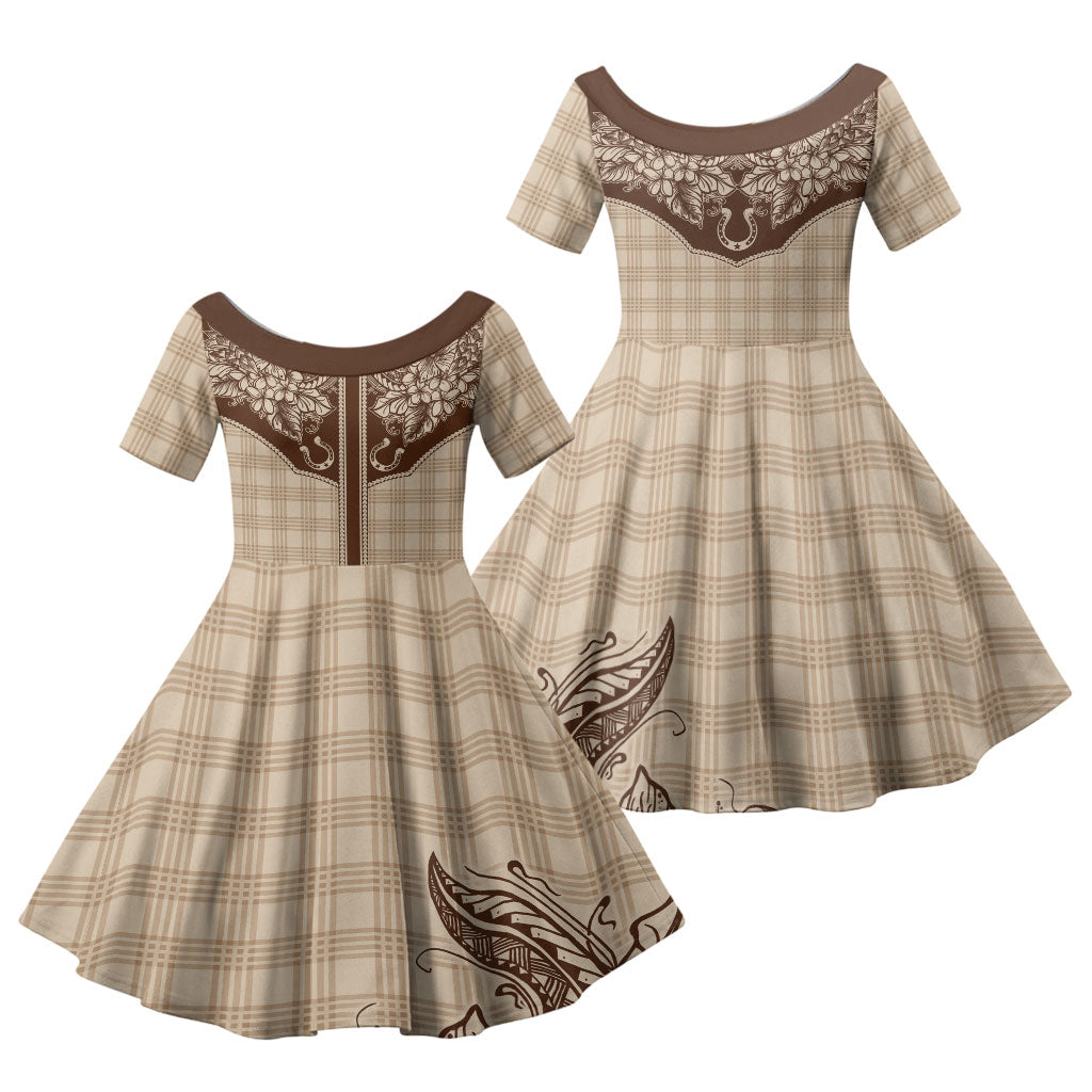 Hawai'i Paniolo Motif Leather Brown Family Matching Long Sleeve Bodycon Dress and Hawaiian Shirt Floral Palaka Print LT7 Daughter's Dress Brown - Polynesian Pride