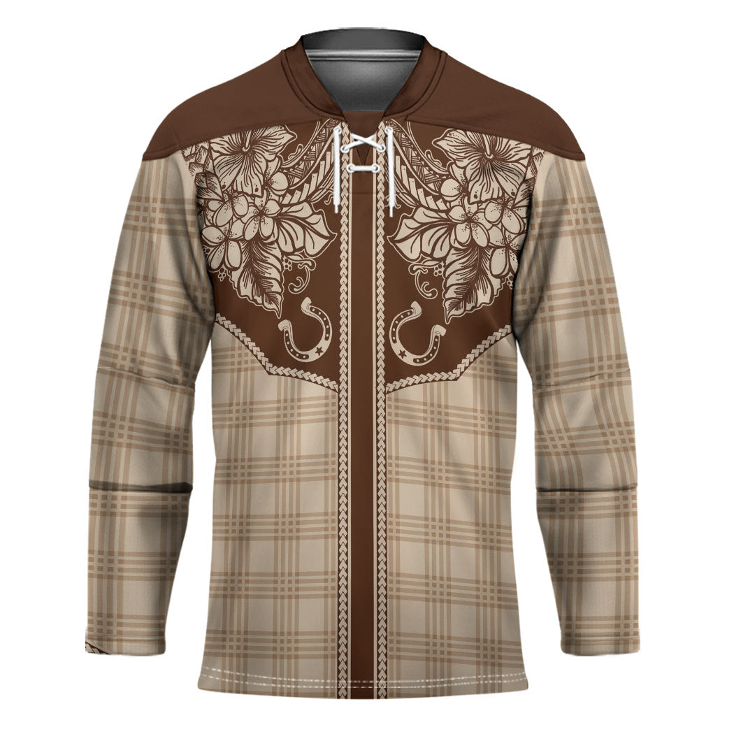 Hawai'i Paniolo Motif Leather Brown Hockey Jersey Floral Palaka Print LT7 Unisex Brown - Polynesian Pride
