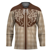 Hawai'i Paniolo Motif Leather Brown Hockey Jersey Floral Palaka Print LT7 Unisex Brown - Polynesian Pride