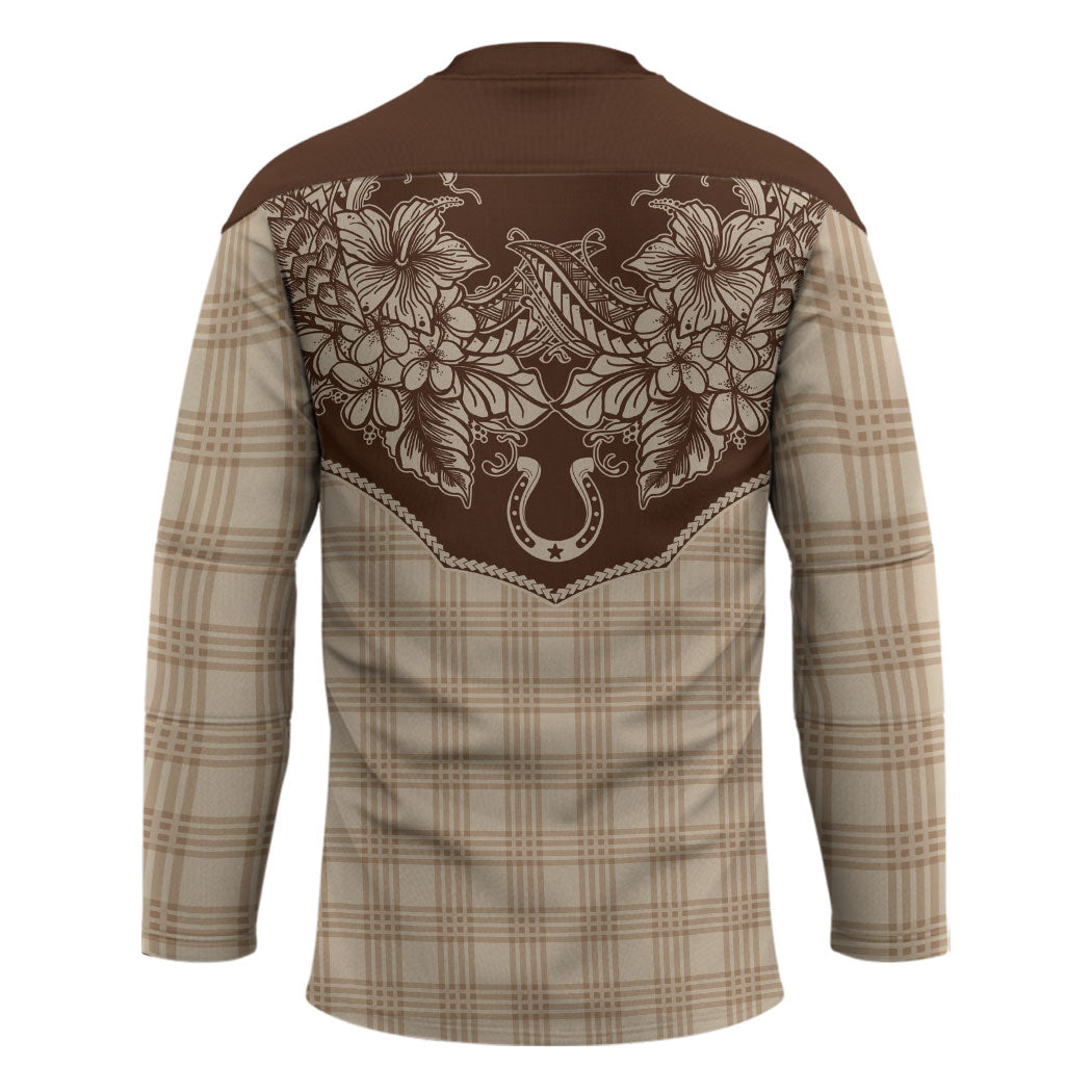 Hawai'i Paniolo Motif Leather Brown Hockey Jersey Floral Palaka Print LT7 - Polynesian Pride