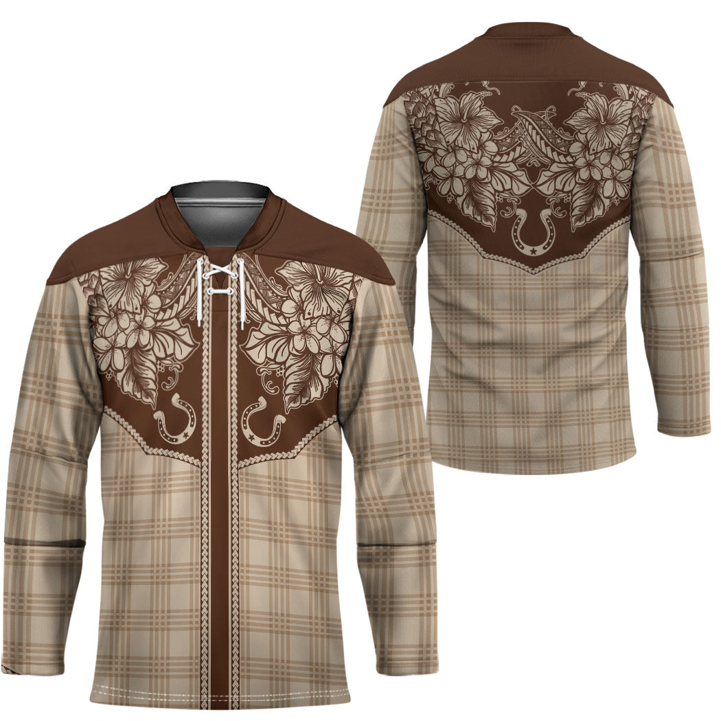 Hawai'i Paniolo Motif Leather Brown Hockey Jersey Floral Palaka Print LT7 - Polynesian Pride