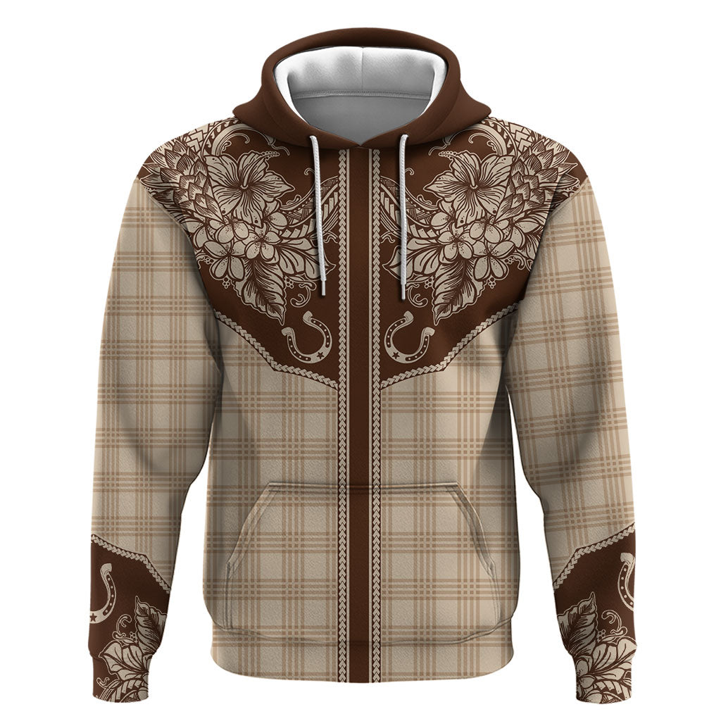 Hawai'i Paniolo Motif Leather Brown Hoodie Floral Palaka Print LT7 Pullover Hoodie Brown - Polynesian Pride