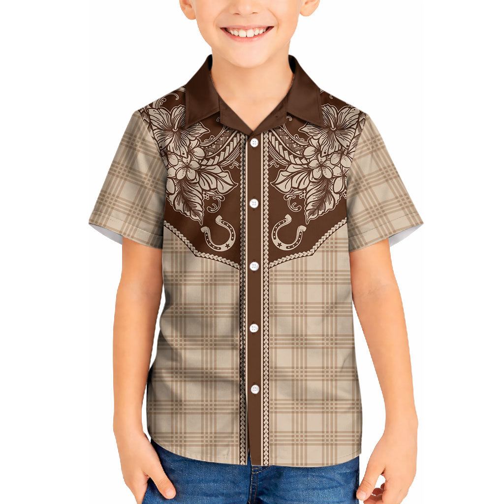 Hawai'i Paniolo Motif Leather Brown Kid Hawaiian Shirt Floral Palaka Print LT7 Kid Brown - Polynesian Pride