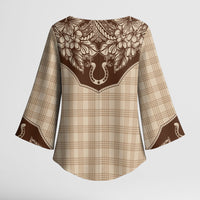 Hawai'i Paniolo Motif Leather Brown Kimono Sleeve Blouse Floral Palaka Print LT7 - Polynesian Pride