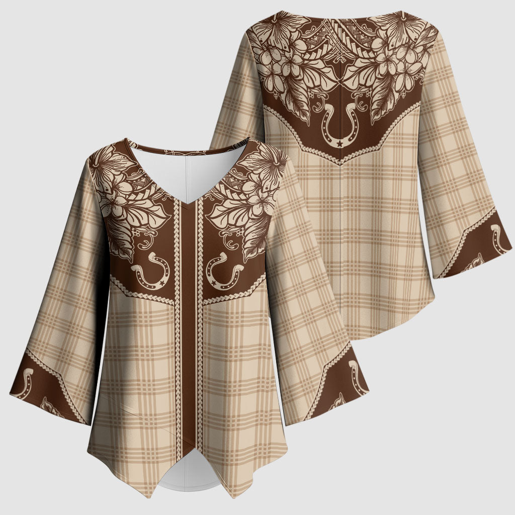 Hawai'i Paniolo Motif Leather Brown Kimono Sleeve Blouse Floral Palaka Print LT7 - Polynesian Pride