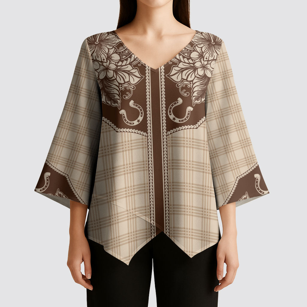 Hawai'i Paniolo Motif Leather Brown Kimono Sleeve Blouse Floral Palaka Print LT7 - Polynesian Pride