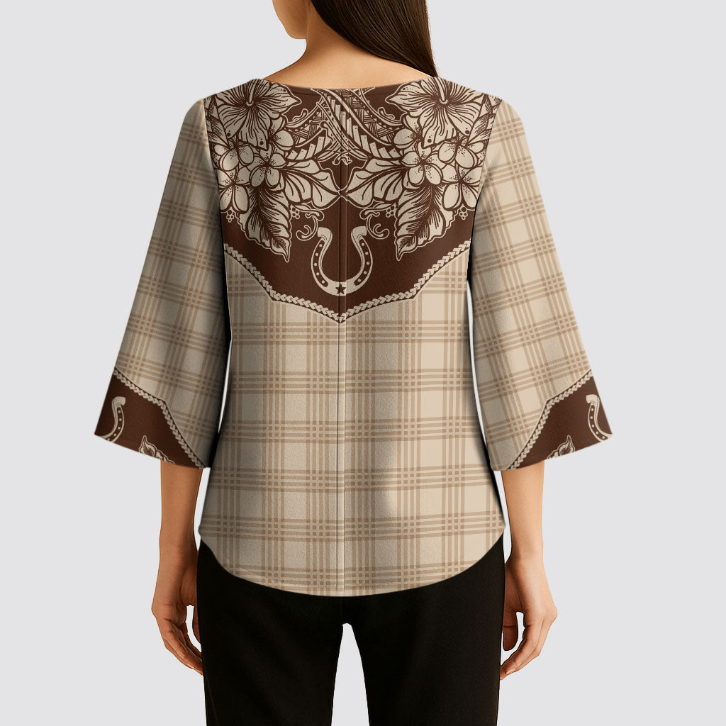 Hawai'i Paniolo Motif Leather Brown Kimono Sleeve Blouse Floral Palaka Print LT7 - Polynesian Pride
