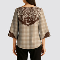 Hawai'i Paniolo Motif Leather Brown Kimono Sleeve Blouse Floral Palaka Print LT7 - Polynesian Pride