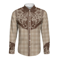Hawai'i Paniolo Motif Leather Brown Long Sleeve Button Shirt Floral Palaka Print LT7 Unisex Brown - Polynesian Pride