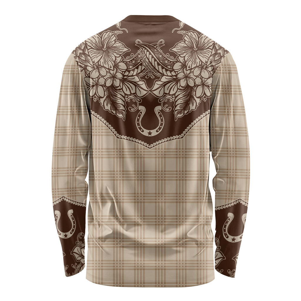 Hawai'i Paniolo Motif Leather Brown Long Sleeve Shirt Floral Palaka Print LT7 - Polynesian Pride