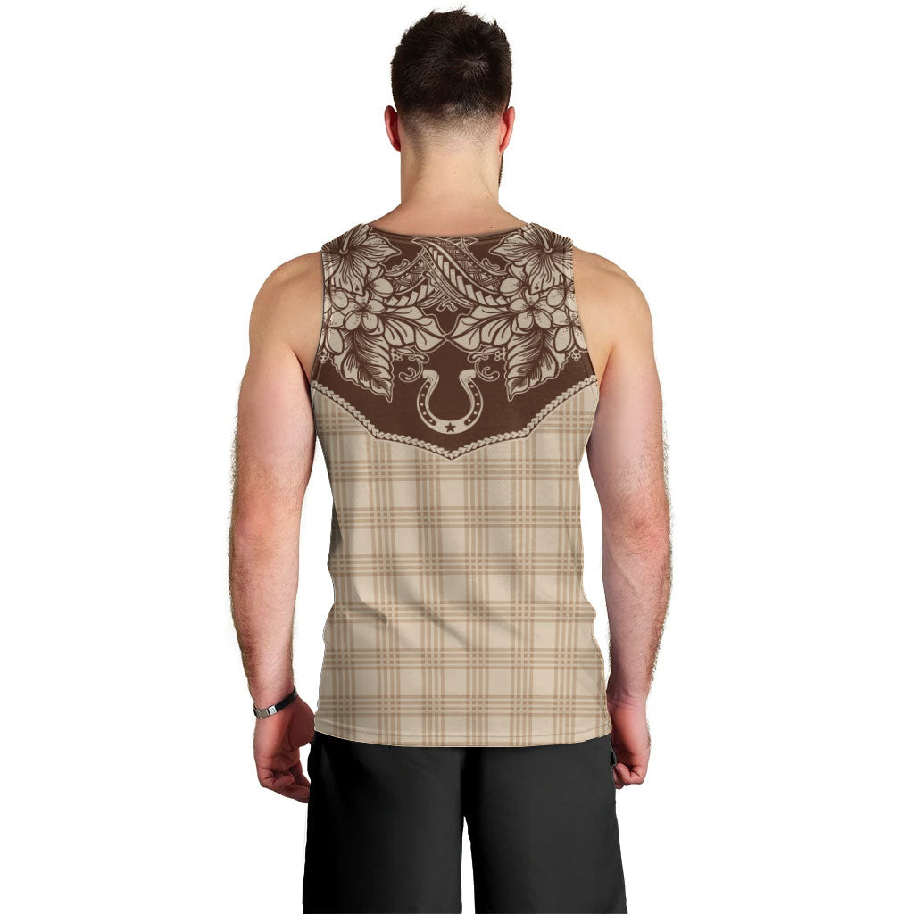 Hawai'i Paniolo Motif Leather Brown Men Tank Top Floral Palaka Print LT7 - Polynesian Pride