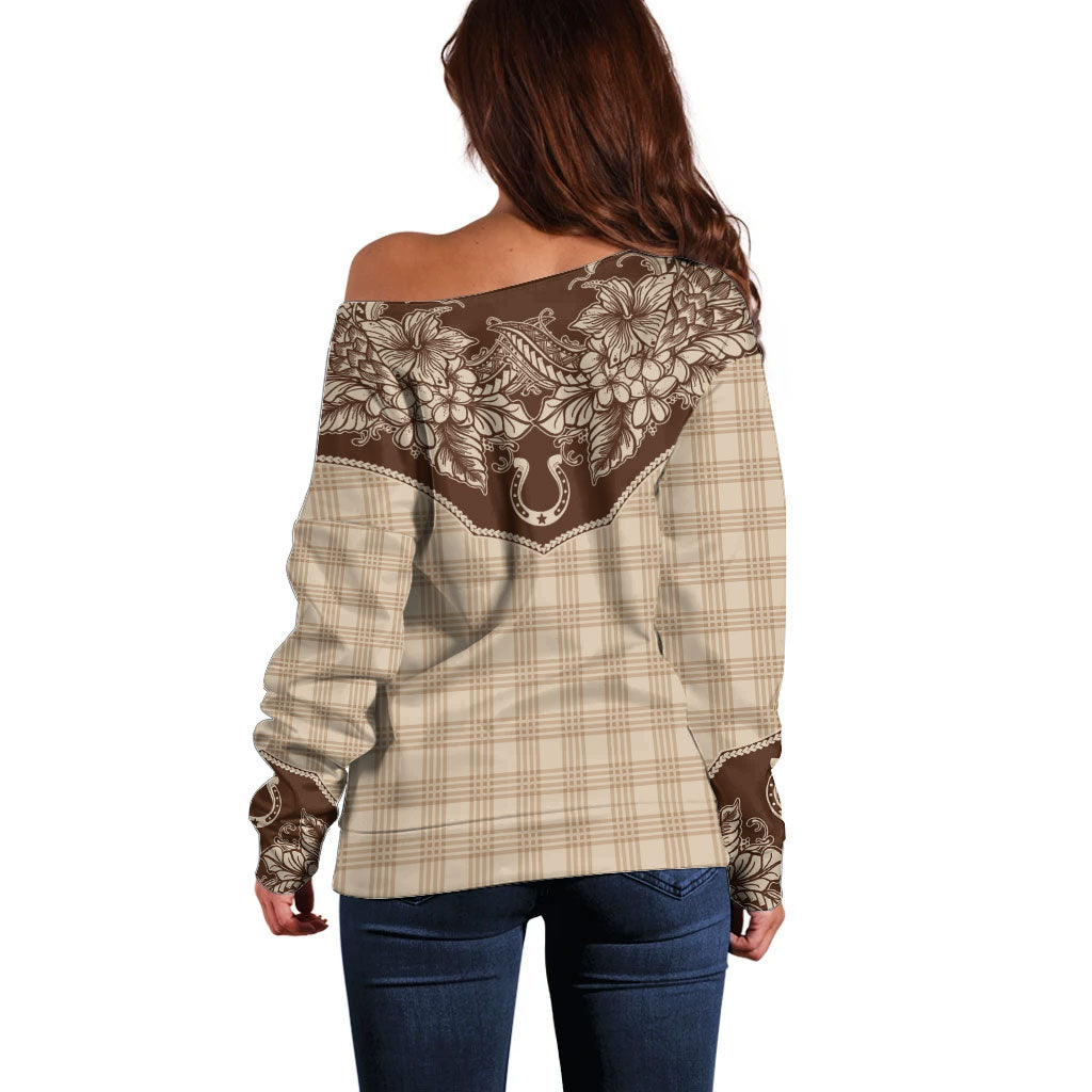Hawai'i Paniolo Motif Leather Brown Off Shoulder Sweater Floral Palaka Print LT7 - Polynesian Pride