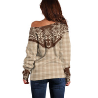 Hawai'i Paniolo Motif Leather Brown Off Shoulder Sweater Floral Palaka Print LT7 - Polynesian Pride