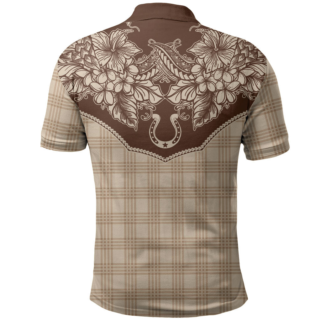 Hawai'i Paniolo Motif Leather Brown Polo Shirt Floral Palaka Print LT7 - Polynesian Pride
