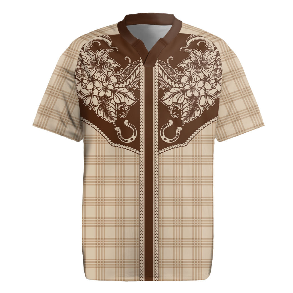 Hawai'i Paniolo Motif Leather Brown Rugby Jersey Floral Palaka Print LT7 Brown - Polynesian Pride