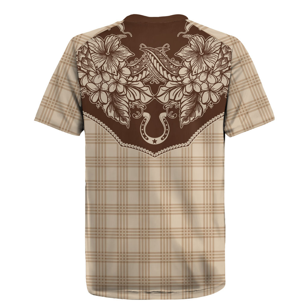 Hawai'i Paniolo Motif Leather Brown Rugby Jersey Floral Palaka Print LT7 - Polynesian Pride